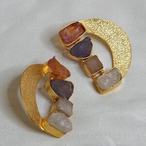 Vintage limited edition Elegant Gold plated and Multicolor raw Stone Earrings